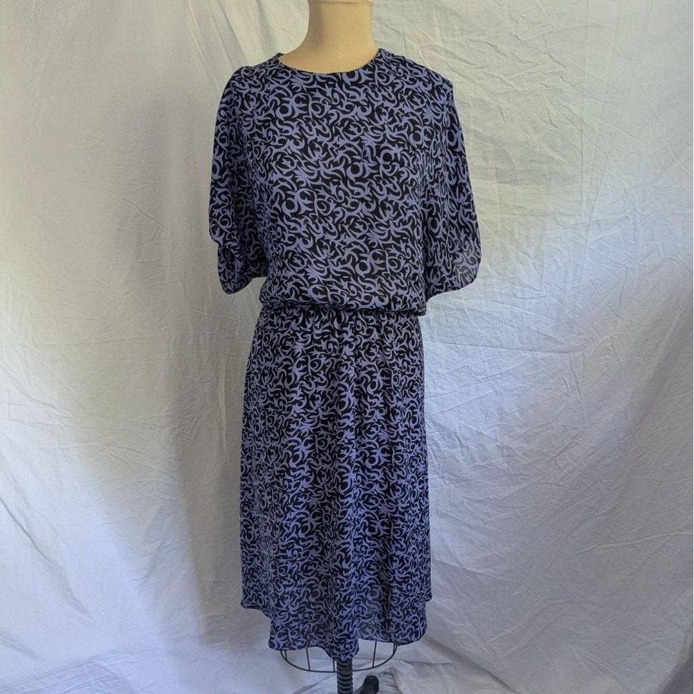 Veg 90s Midi Dress Purple Black Abstract Scroll Print Sz 18 Whimsigoth Feminine